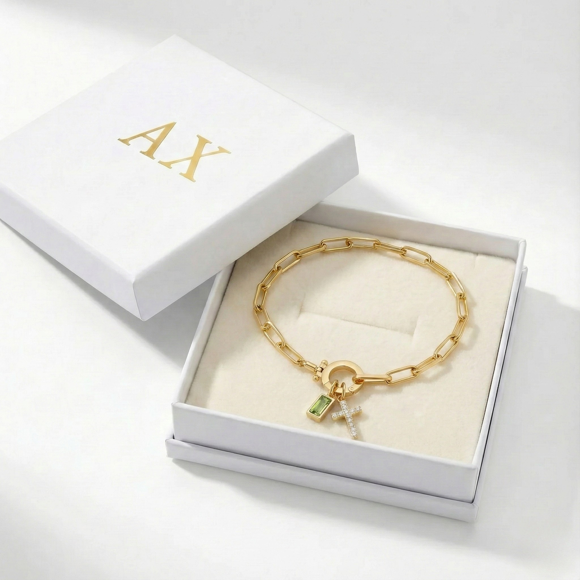 AX Paperclip-armband med Födelsesten och Korsberlock