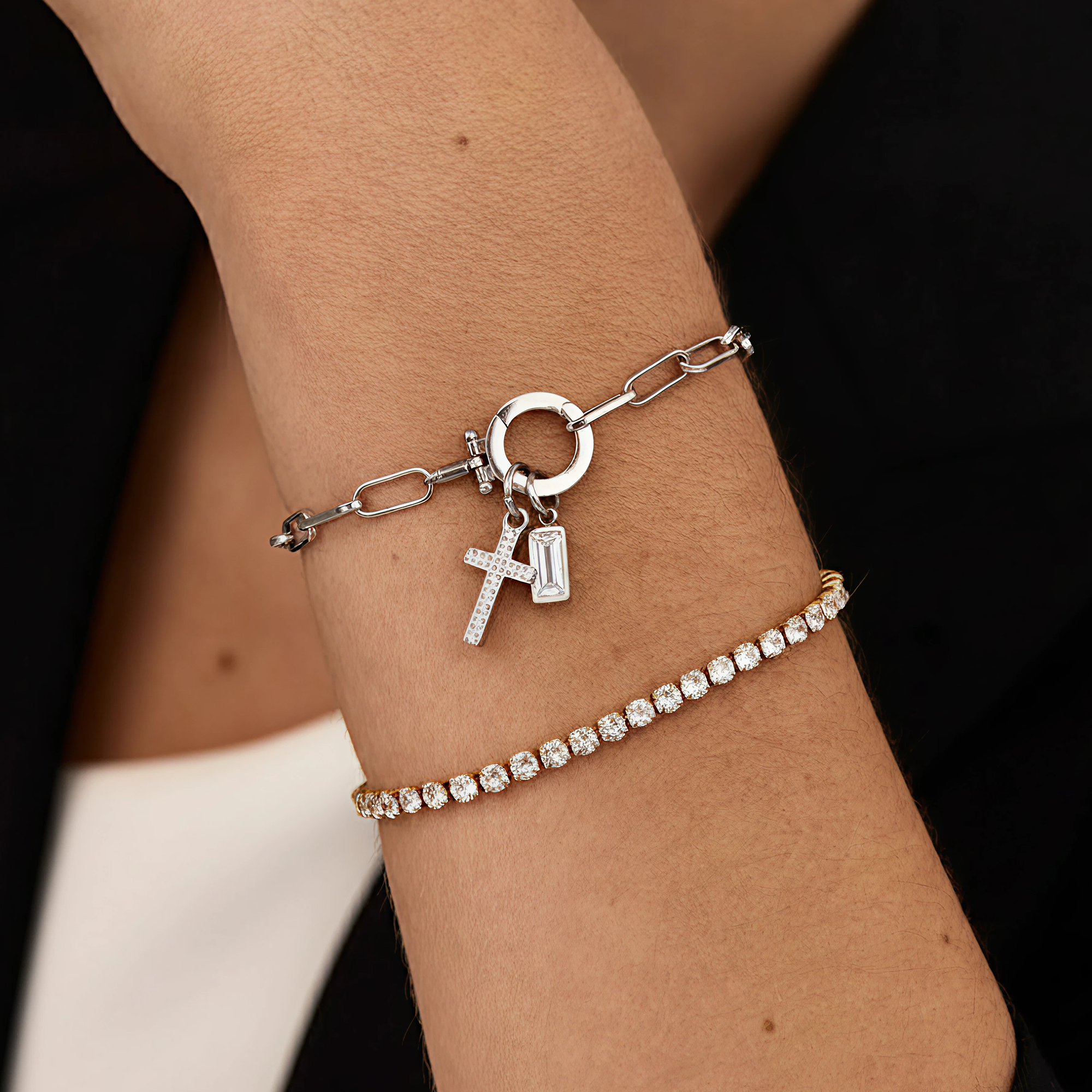 AX Paperclip-armband med Födelsesten och Korsberlock