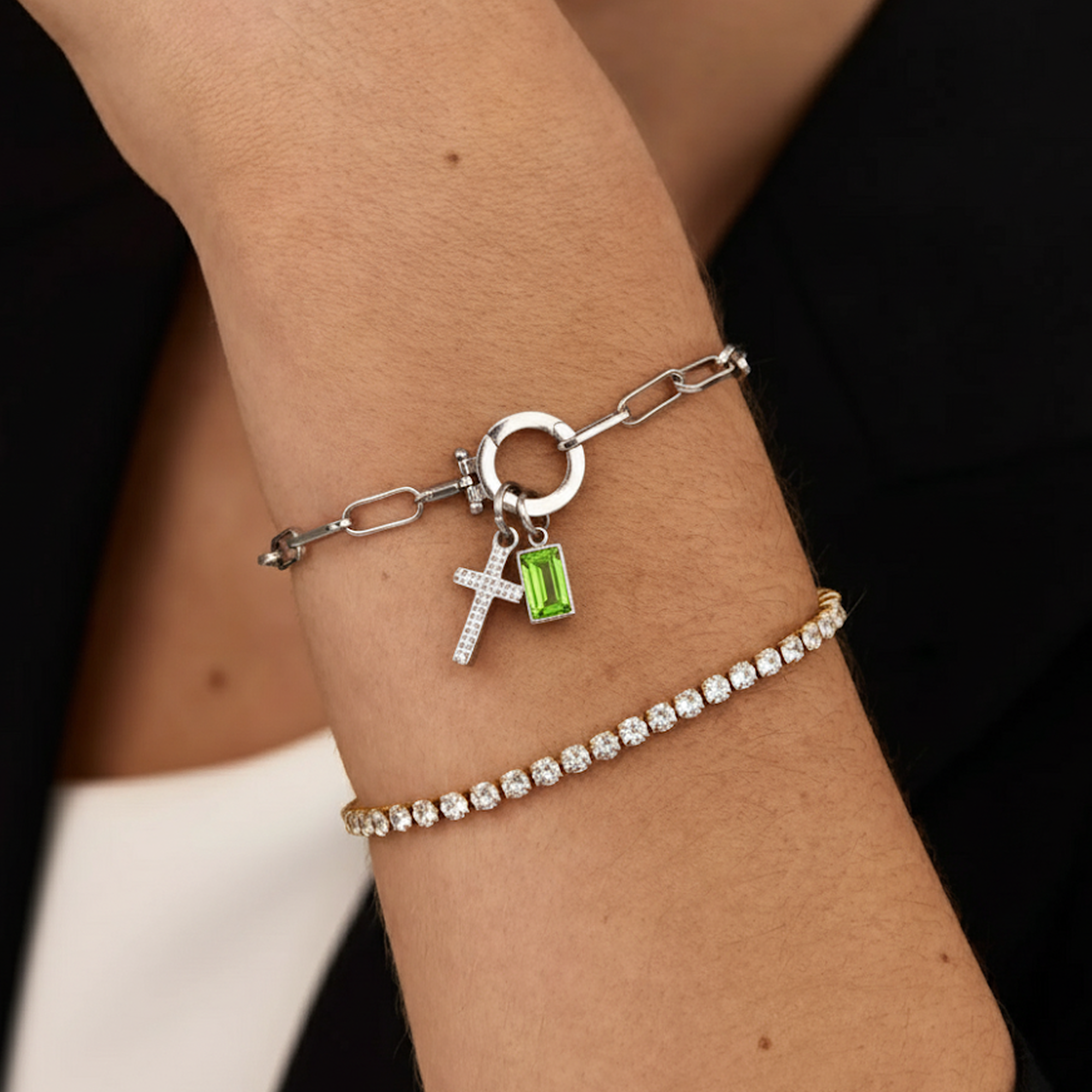 AX Paperclip-armband med Födelsesten och Korsberlock