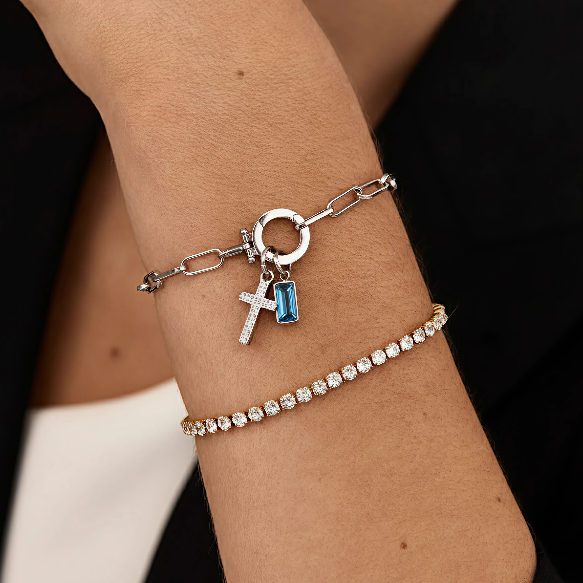 AX Paperclip-armband med Födelsesten och Korsberlock