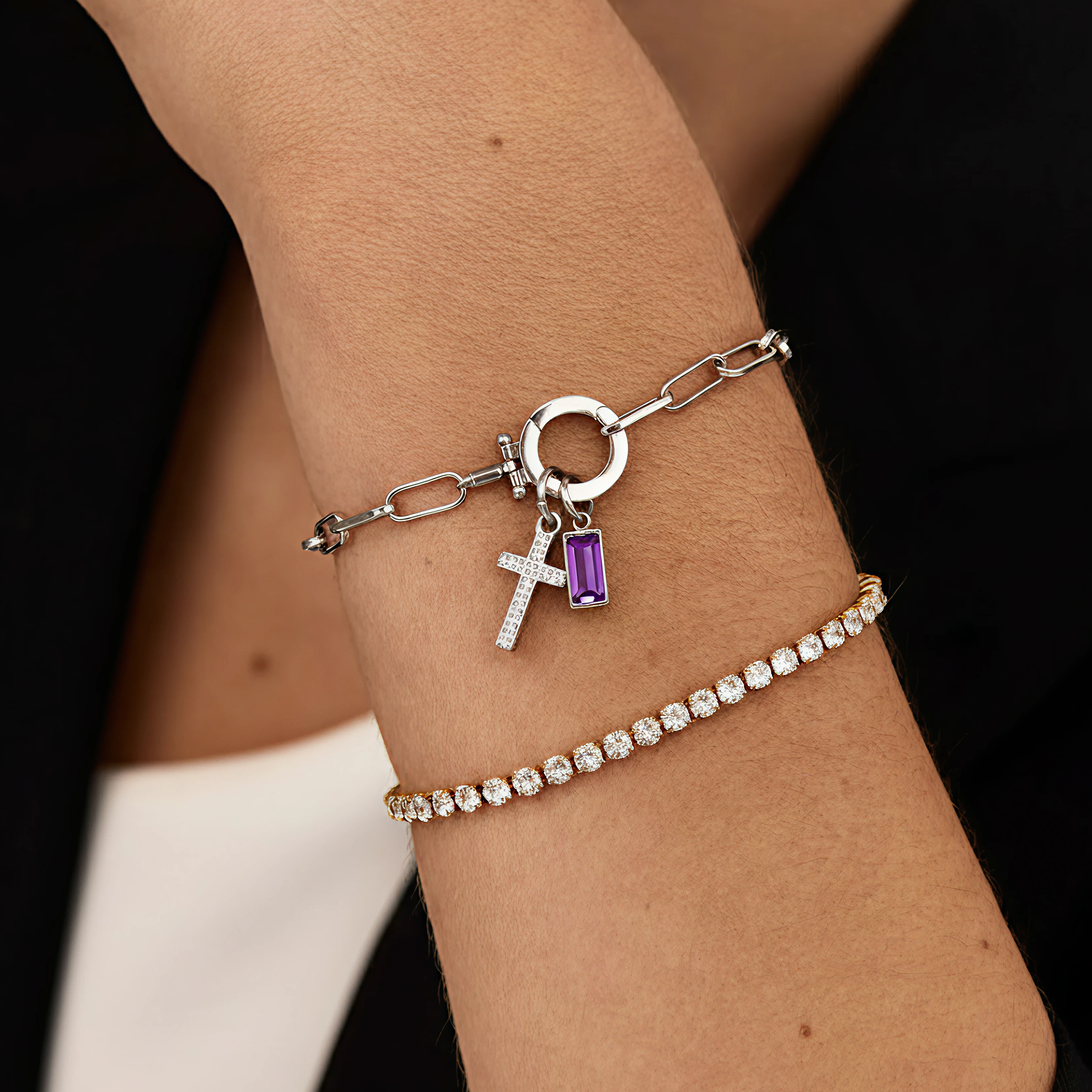 AX Paperclip-armband med Födelsesten och Korsberlock