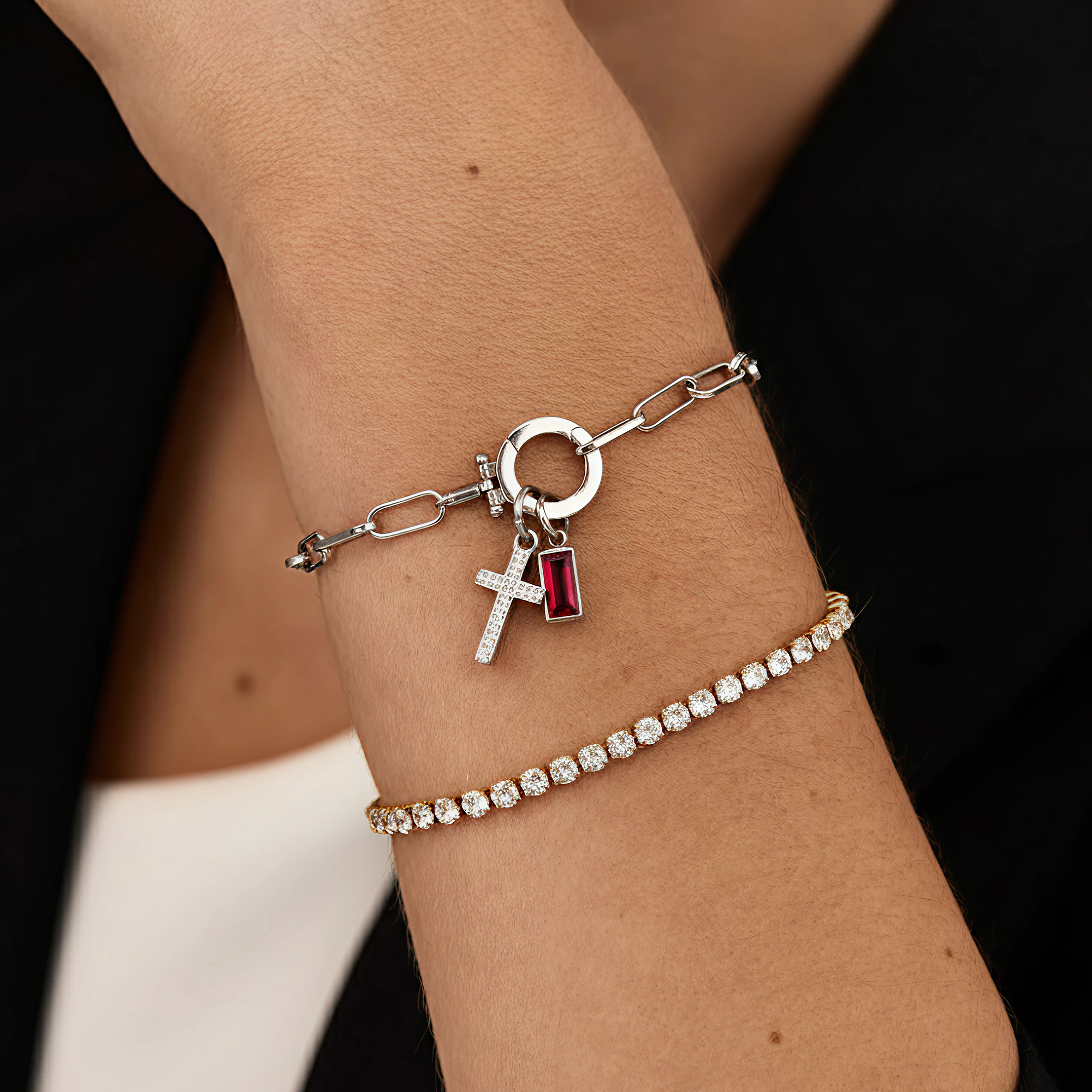 AX Paperclip-armband med Födelsesten och Korsberlock