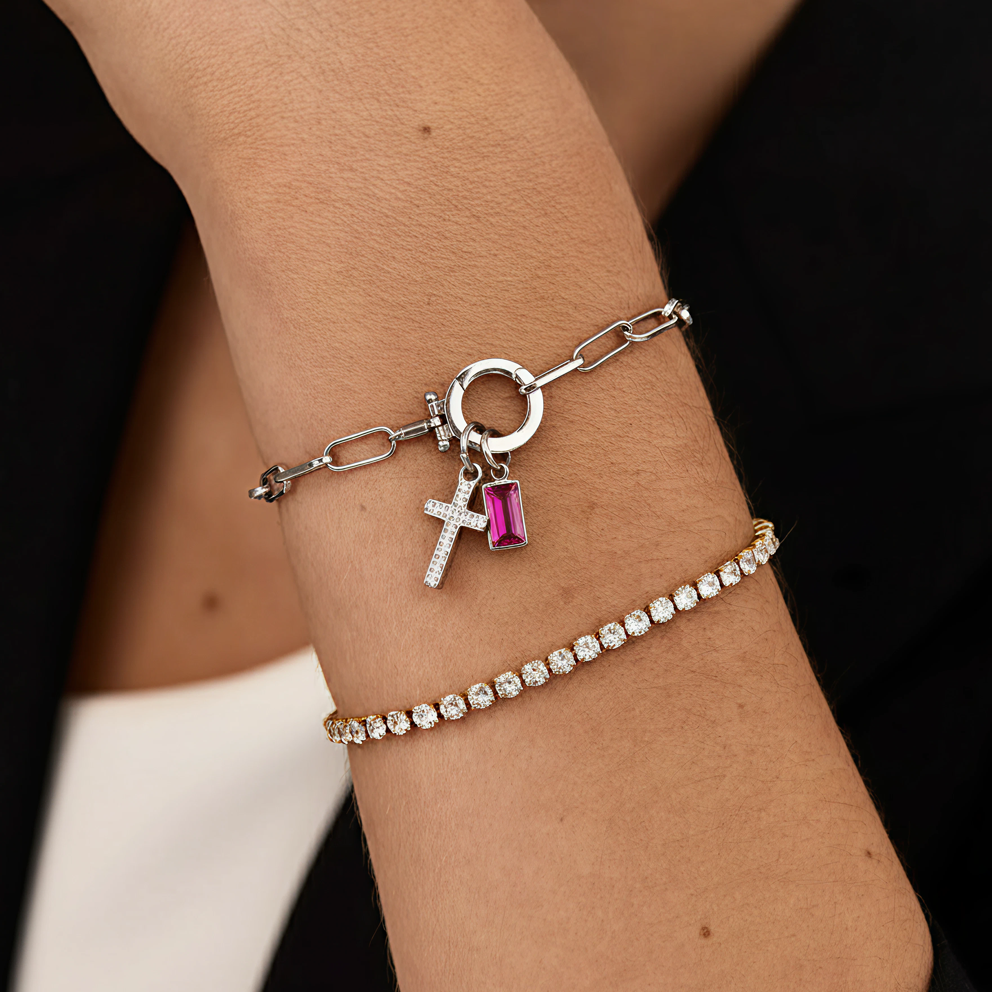 AX Paperclip-armband med Födelsesten och Korsberlock