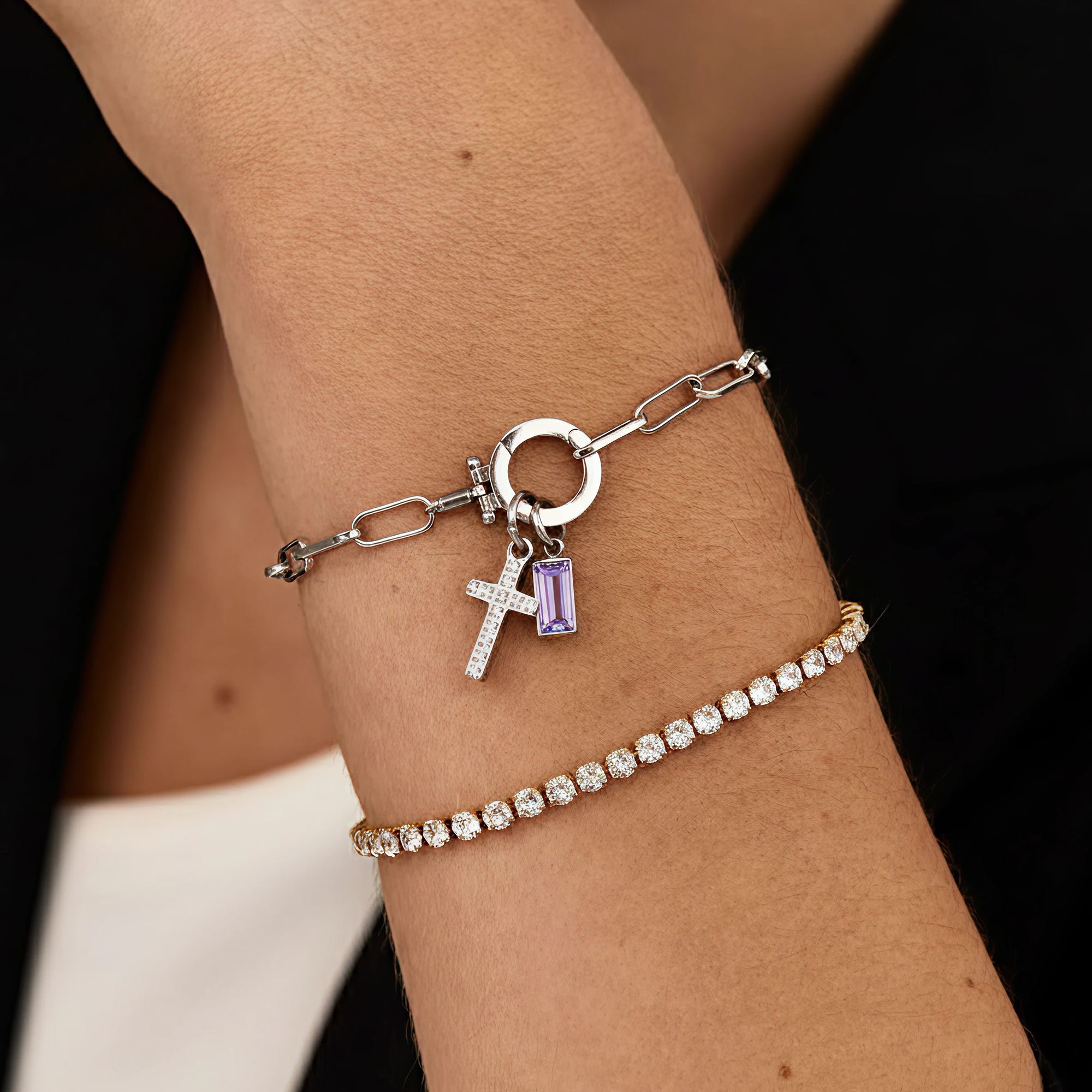 AX Paperclip-armband med Födelsesten och Korsberlock