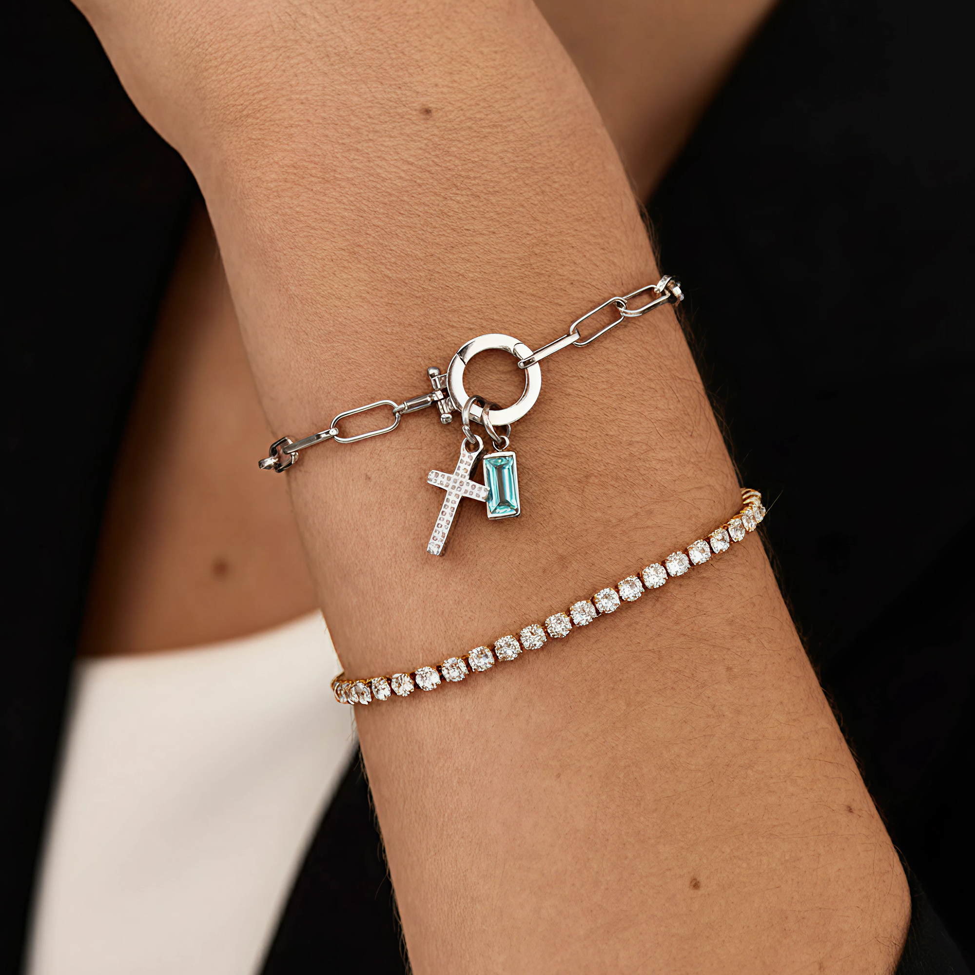 AX Paperclip-armband med Födelsesten och Korsberlock