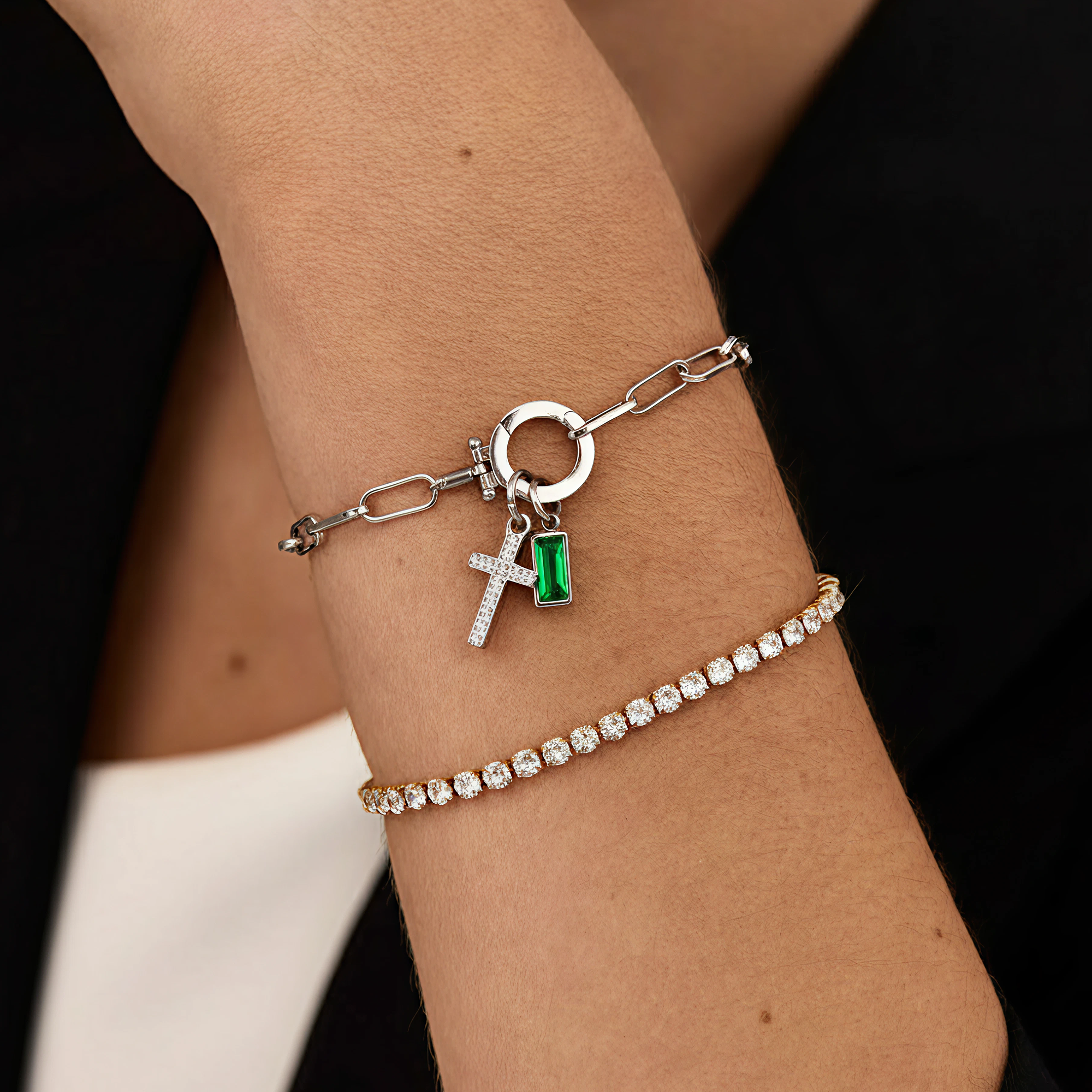 AX Paperclip-armband med Födelsesten och Korsberlock