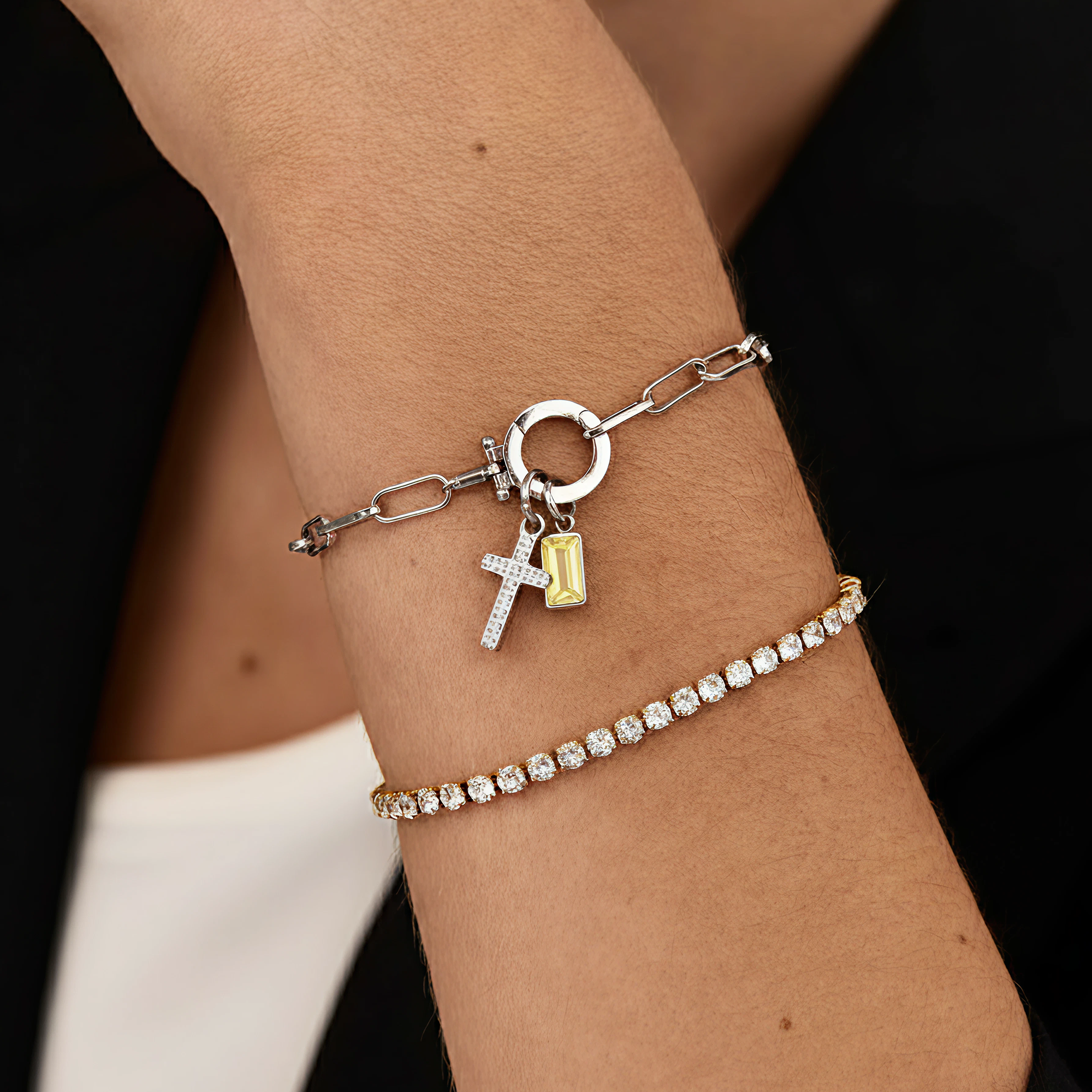 AX Paperclip-armband med Födelsesten och Korsberlock