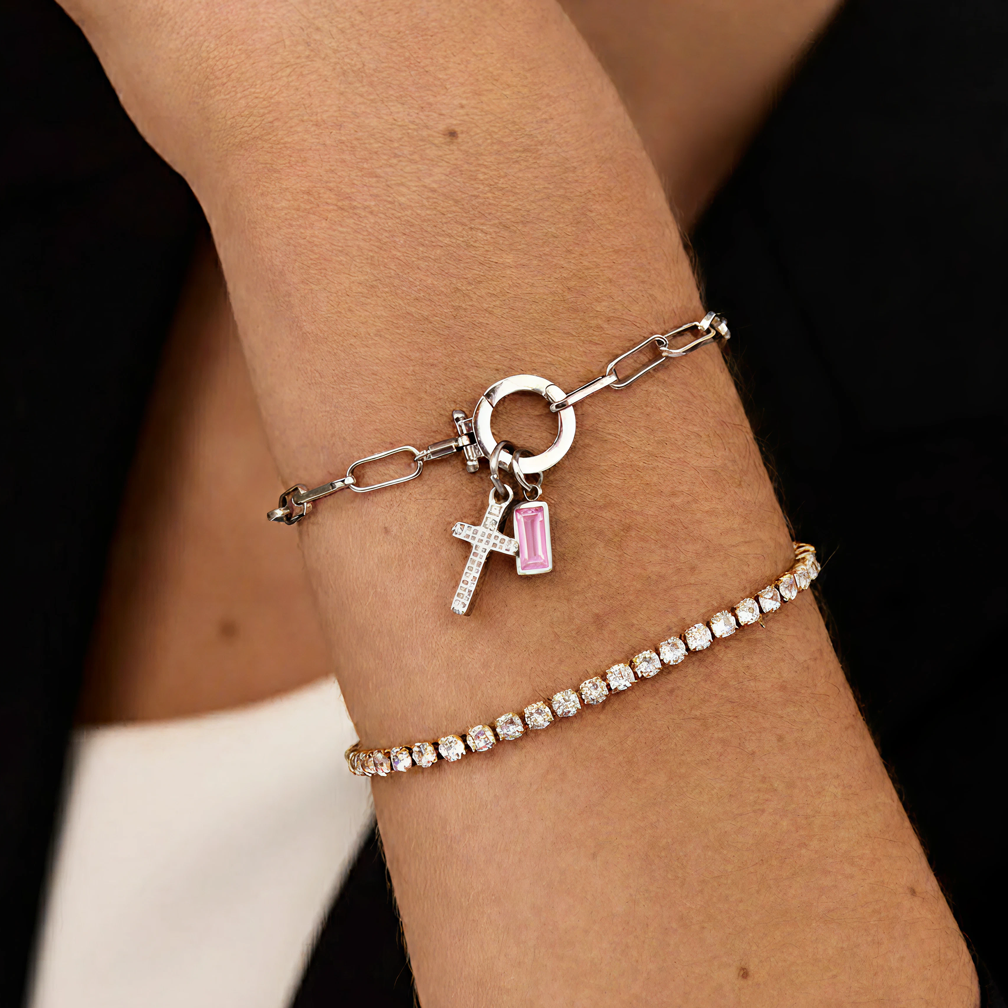 AX Paperclip-armband med Födelsesten och Korsberlock